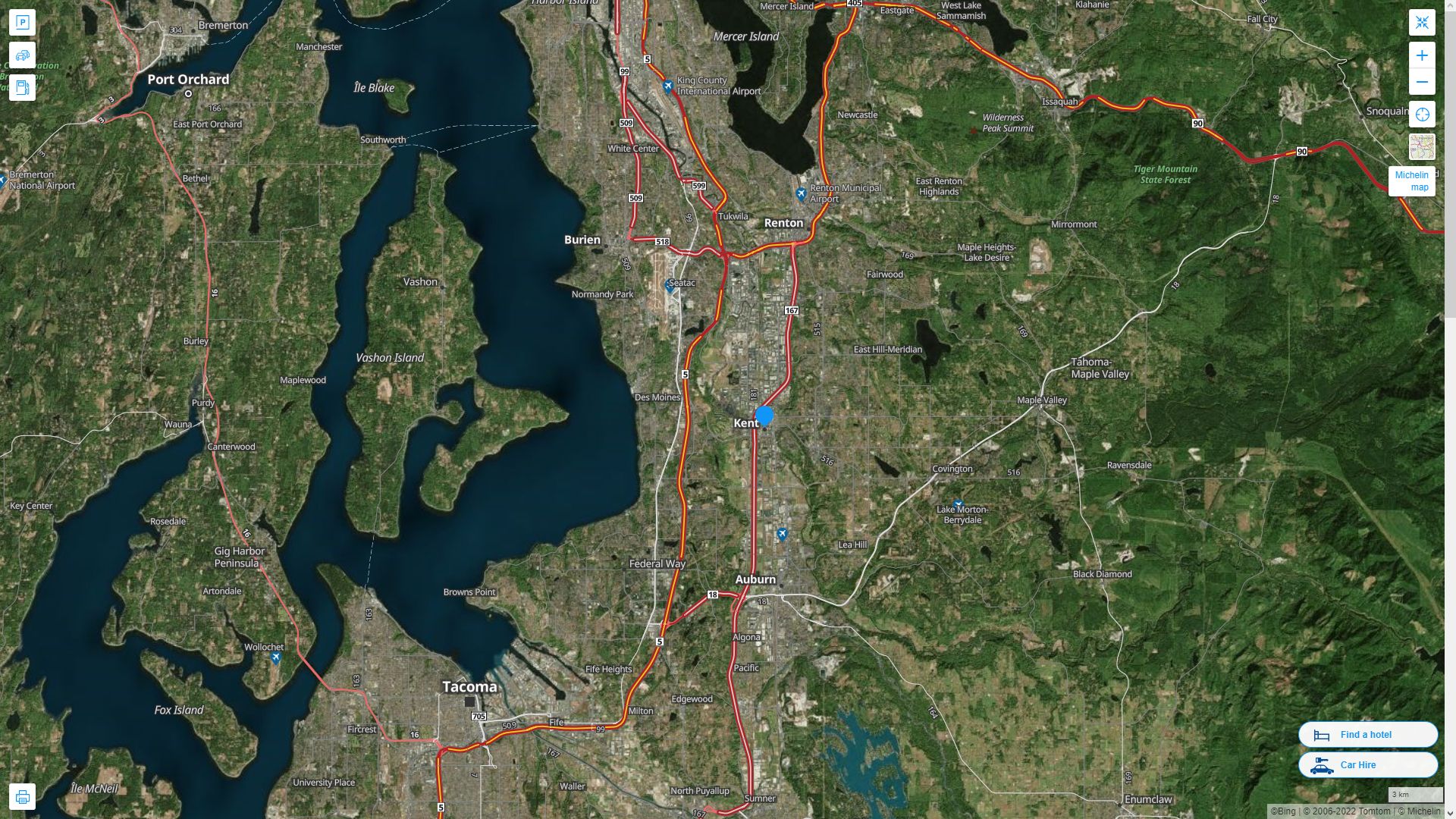 Kent Washington Highway and Road Map with Satellite View